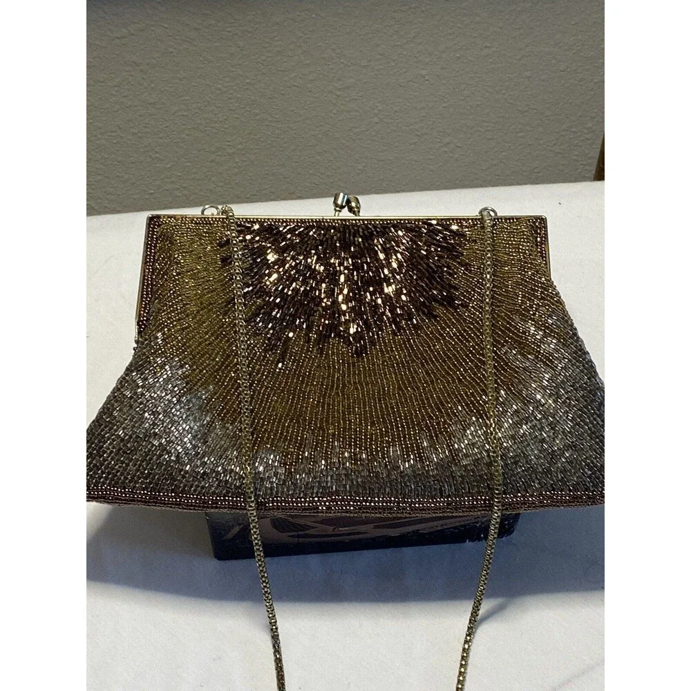 Silver, Bronze, Gold Beaded Party Purse w/Snap Kiss Closure Vintage